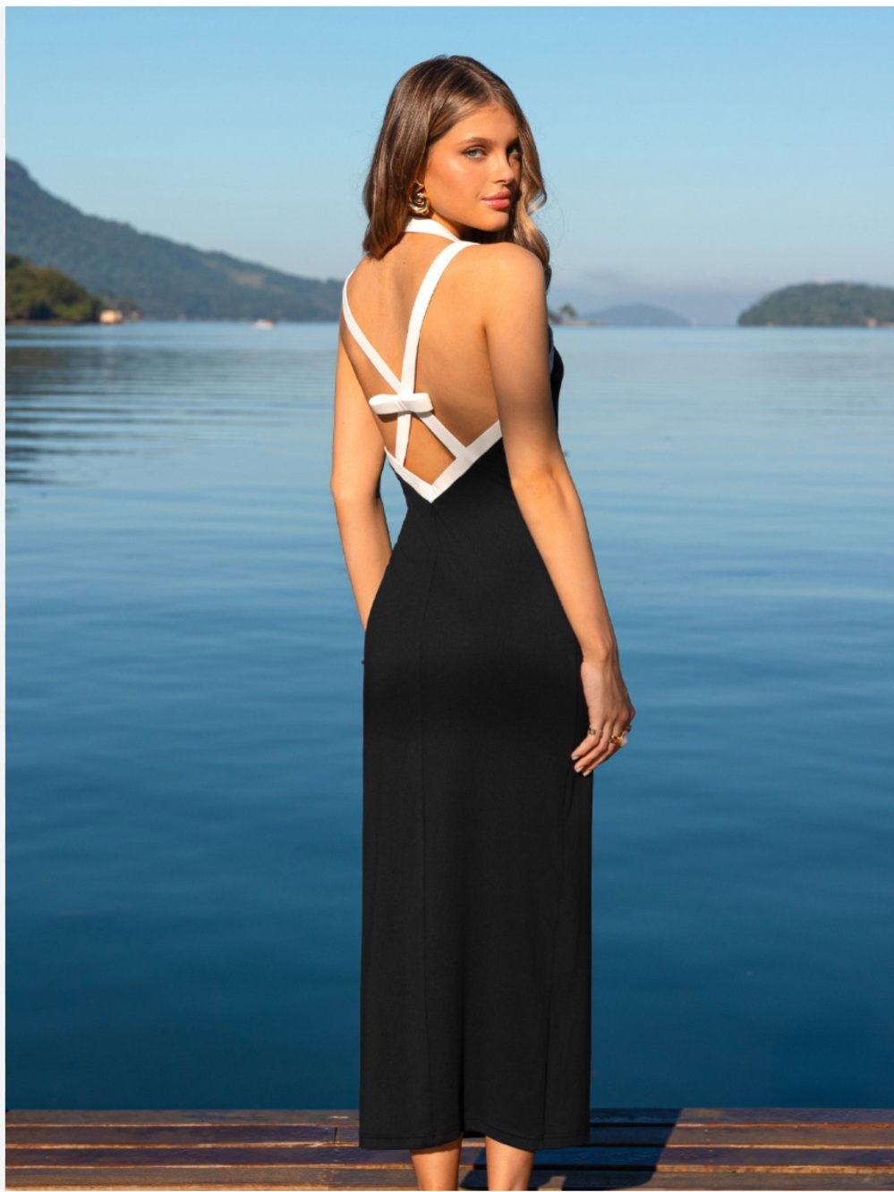 ZARA Sculpt Fabric bow back Black Halter Dress with Contrast white Straps - Picture 3 of 10